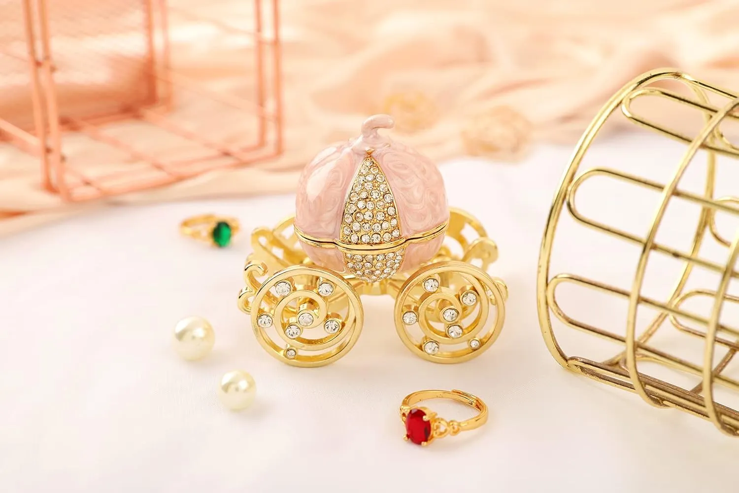 QIFU Classical Pink Pumpkin Carriage Enamel Trinket Box Hinged, Unique Gift for Family