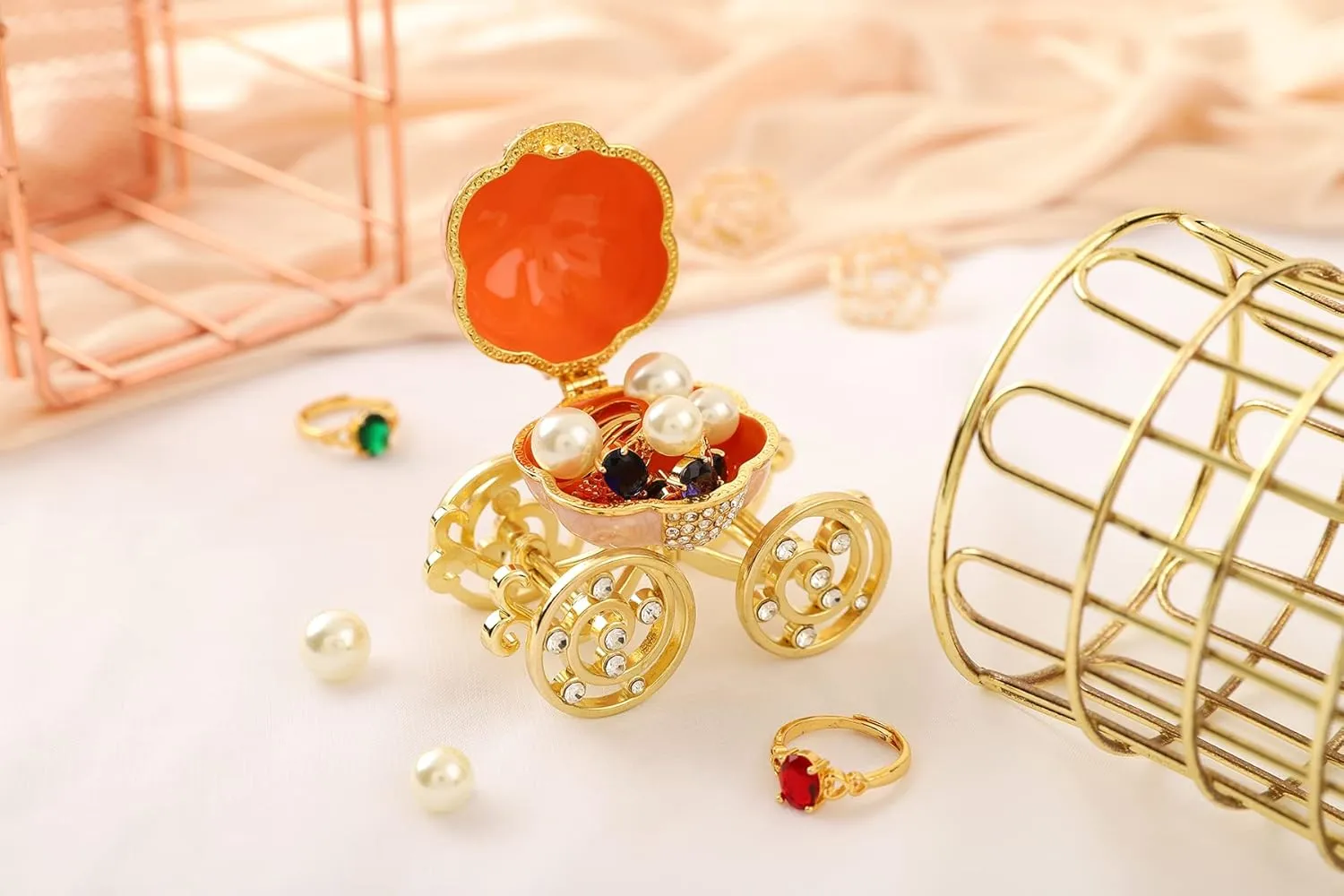 QIFU Classical Pink Pumpkin Carriage Enamel Trinket Box Hinged, Unique Gift for Family