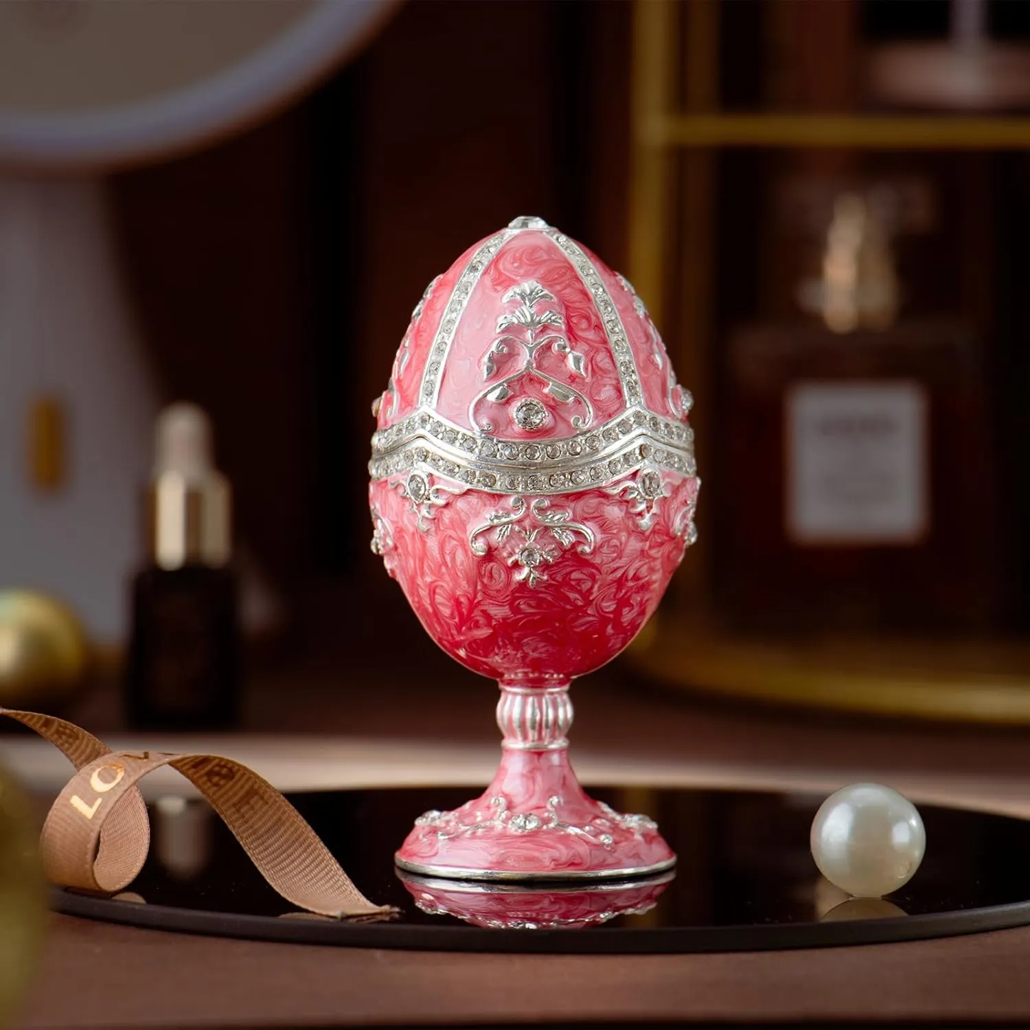 QIFU Hand Painted Pink Easter Egg Style Enamel Trinket Box Hinged, Unique Gift for Family(QIFU3388-SP)