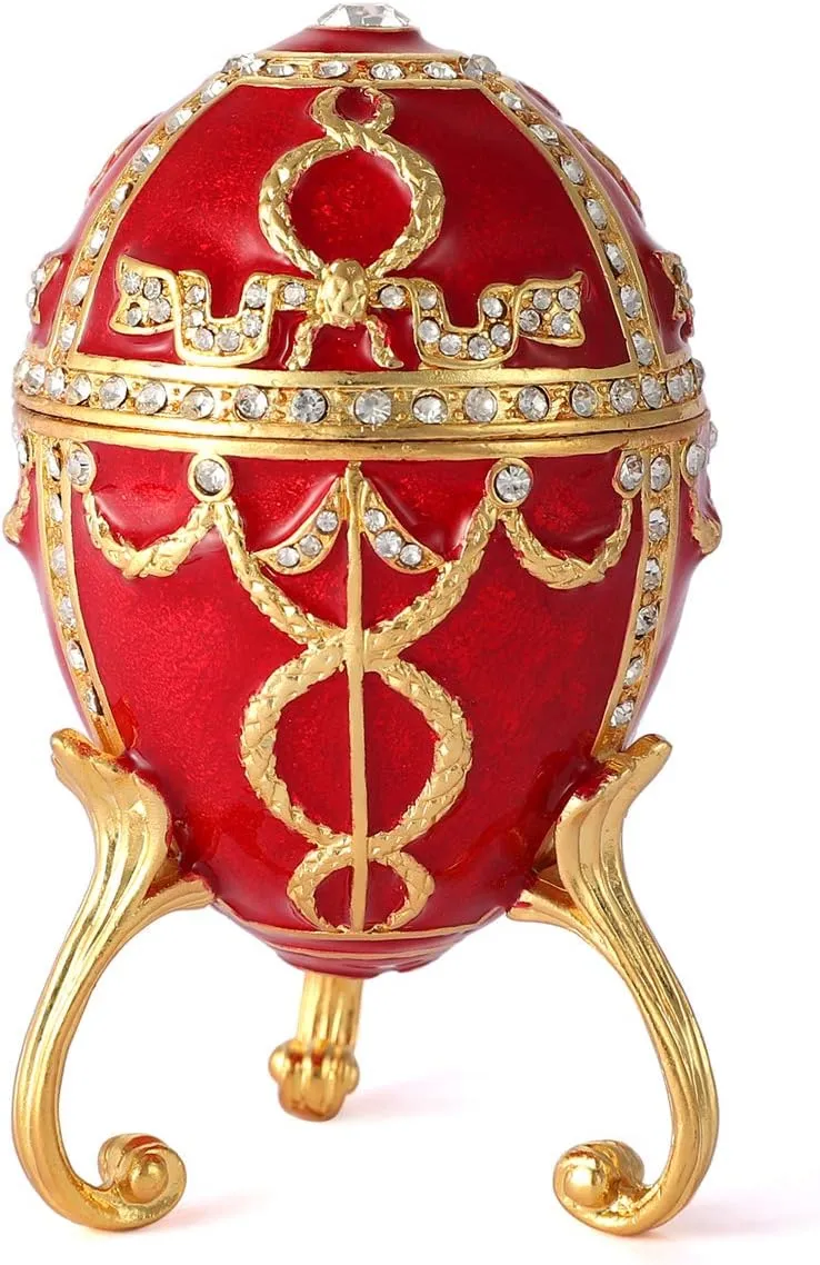 QIFU Red Easter Egg Style Hand Painted Jewelry Trinket Box with Rich Enamel and Sparkling Rhinestones Unique Easter Day Gift