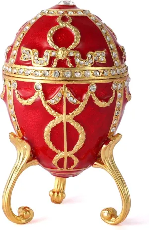 QIFU Red Easter Egg Style Hand Painted Jewelry Trinket Box with Rich Enamel and Sparkling Rhinestones Unique Easter Day Gift