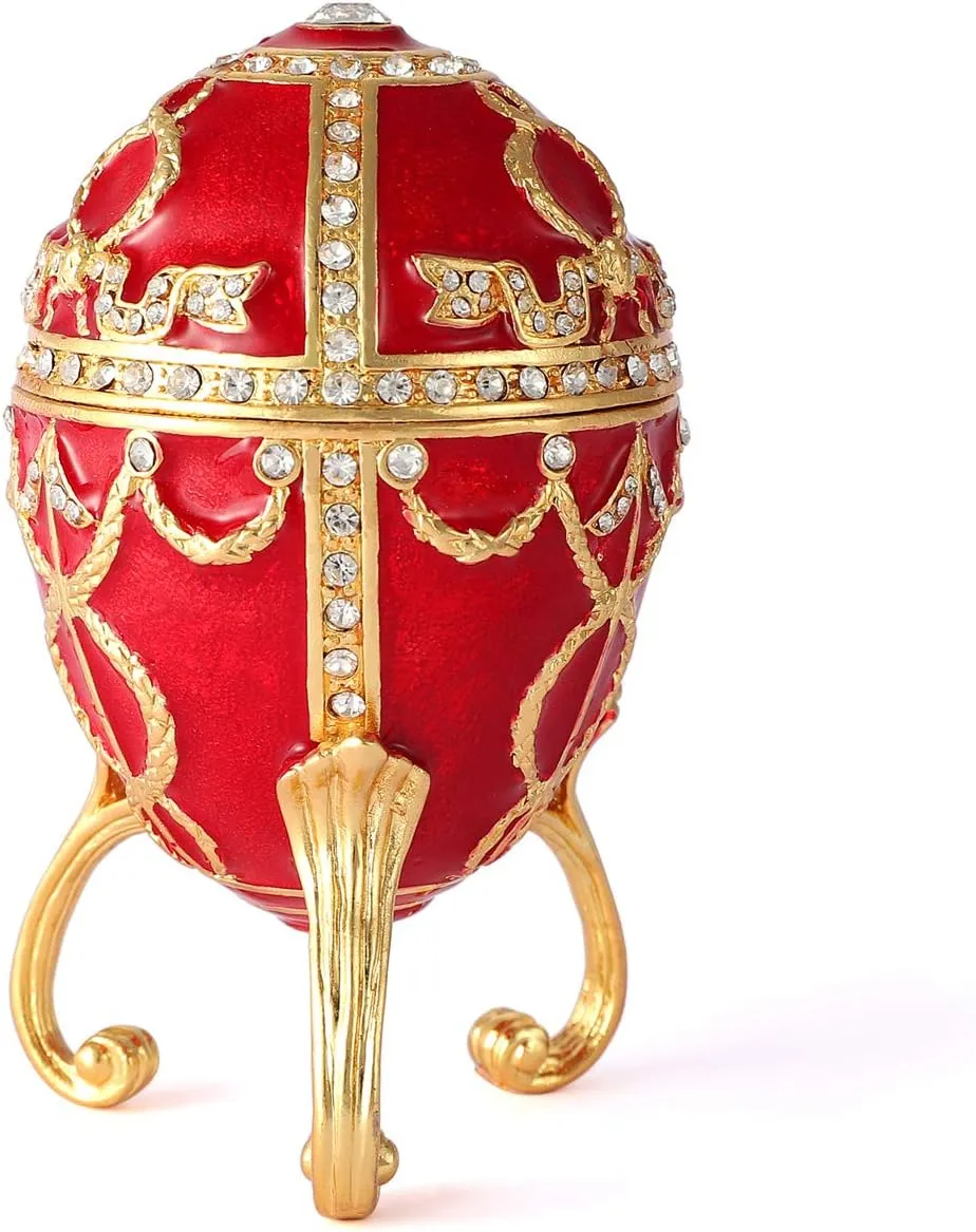 QIFU Red Easter Egg Style Hand Painted Jewelry Trinket Box with Rich Enamel and Sparkling Rhinestones Unique Easter Day Gift
