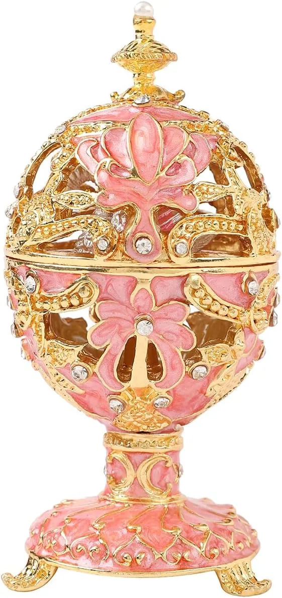QIFU Vintage Pink Easter Egg Style Enameled Trinket Box with Cute Mini Swan