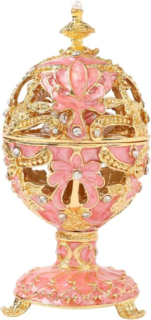 QIFU Vintage Pink Easter Egg Style Enameled Trinket Box with Cute Mini Swan
