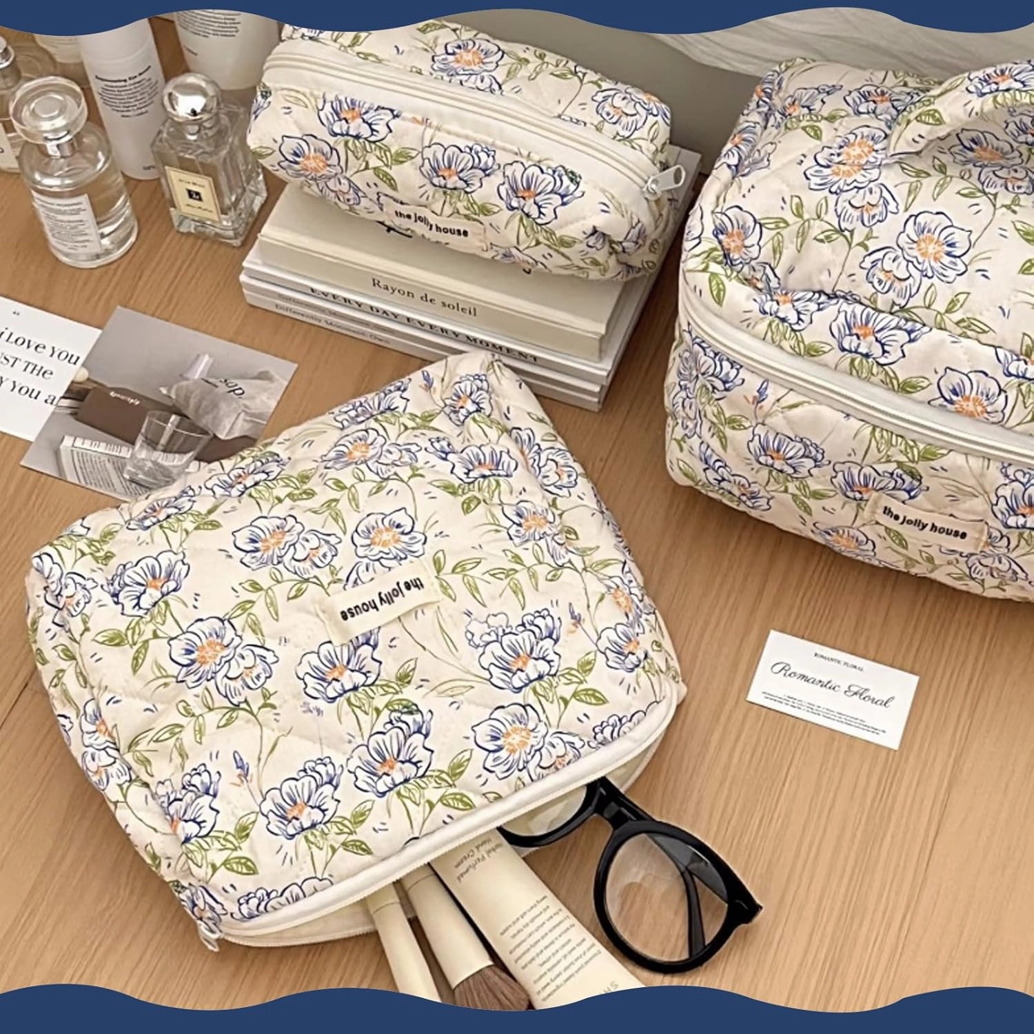Quilted Floral Makeup Bag 3PCS, Cute Cotton Coquette Aesthetic Travel Toiletry Bag, Zipper Cosmetic Pouch, Daily Travel Use Skincare Bag, Large Capacity (Peach Petal Soft)