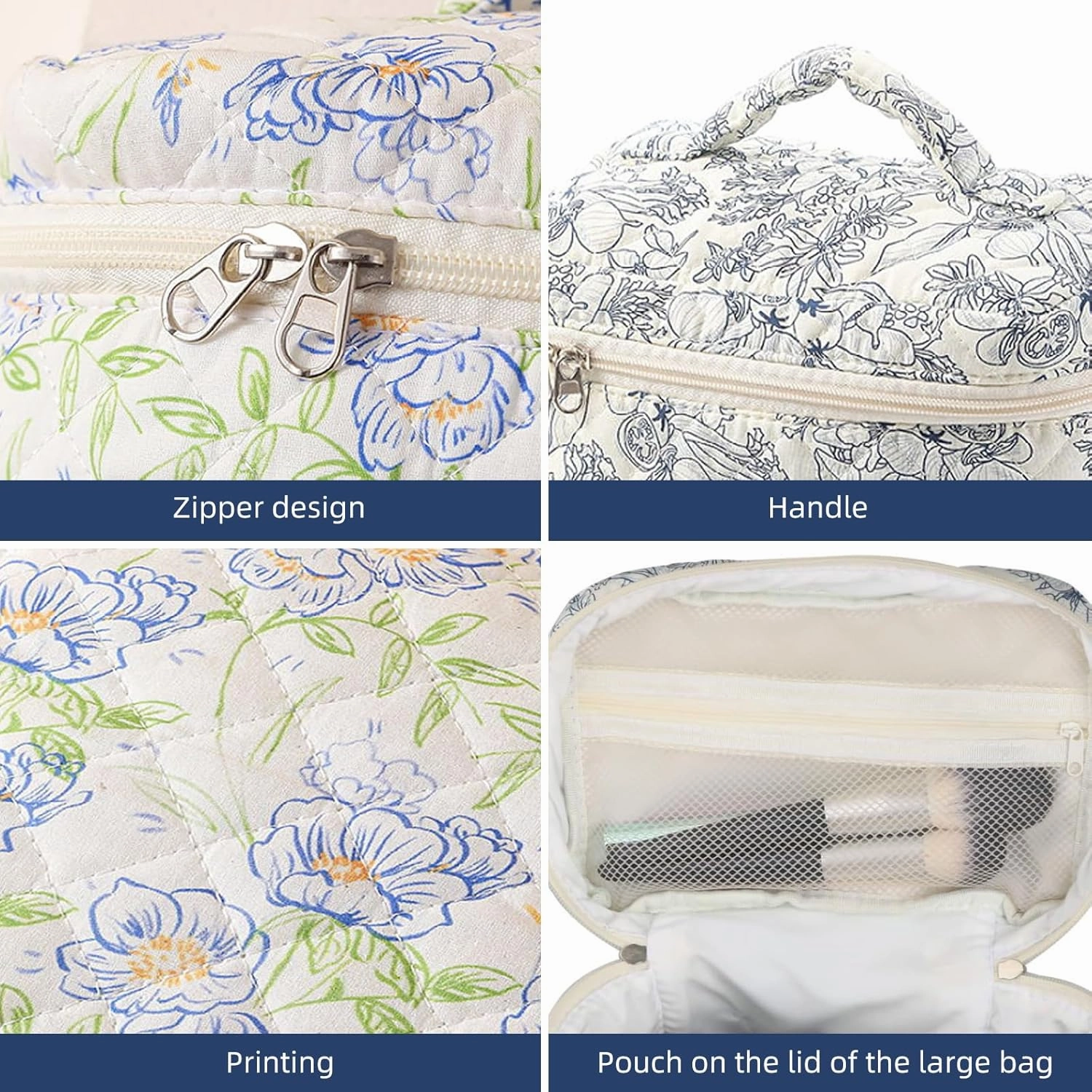 Quilted Floral Makeup Bag 3PCS, Cute Cotton Coquette Aesthetic Travel Toiletry Bag, Zipper Cosmetic Pouch, Daily Travel Use Skincare Bag, Large Capacity (Peach Petal Soft)