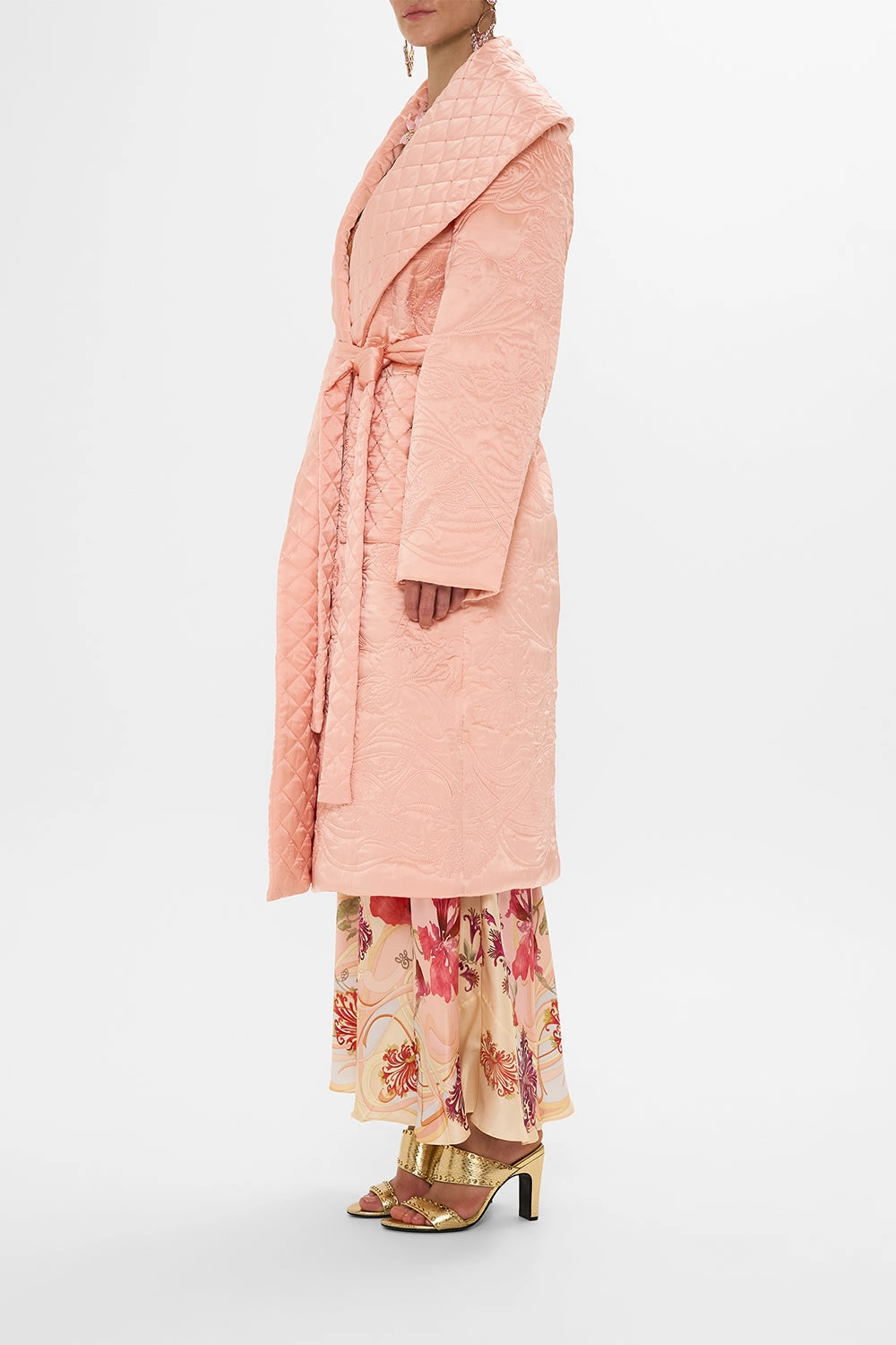 QUILTED LONG WRAP COAT BLOSSOMS AND BRUSHSTROKES