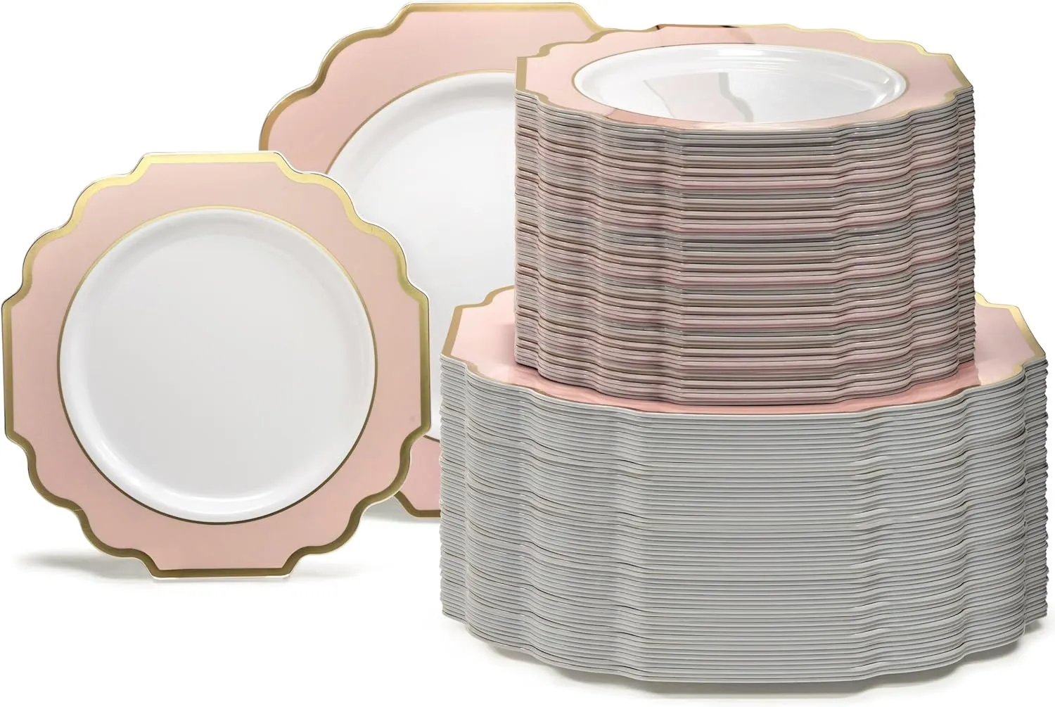 " OCCASIONS " 240 Plates Pack (120 Guests) Heavyweight Wedding Party Disposable Plastic Plates Set -120 x 10.5'' Dinner   120 x 8'' Salad/Dessert Plate (Imperial in Blush & Gold)