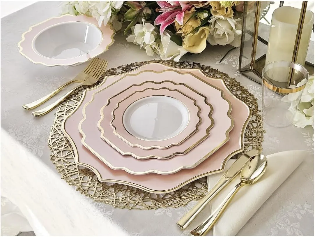 " OCCASIONS " 240 Plates Pack (120 Guests) Heavyweight Wedding Party Disposable Plastic Plates Set -120 x 10.5'' Dinner   120 x 8'' Salad/Dessert Plate (Imperial in Blush & Gold)