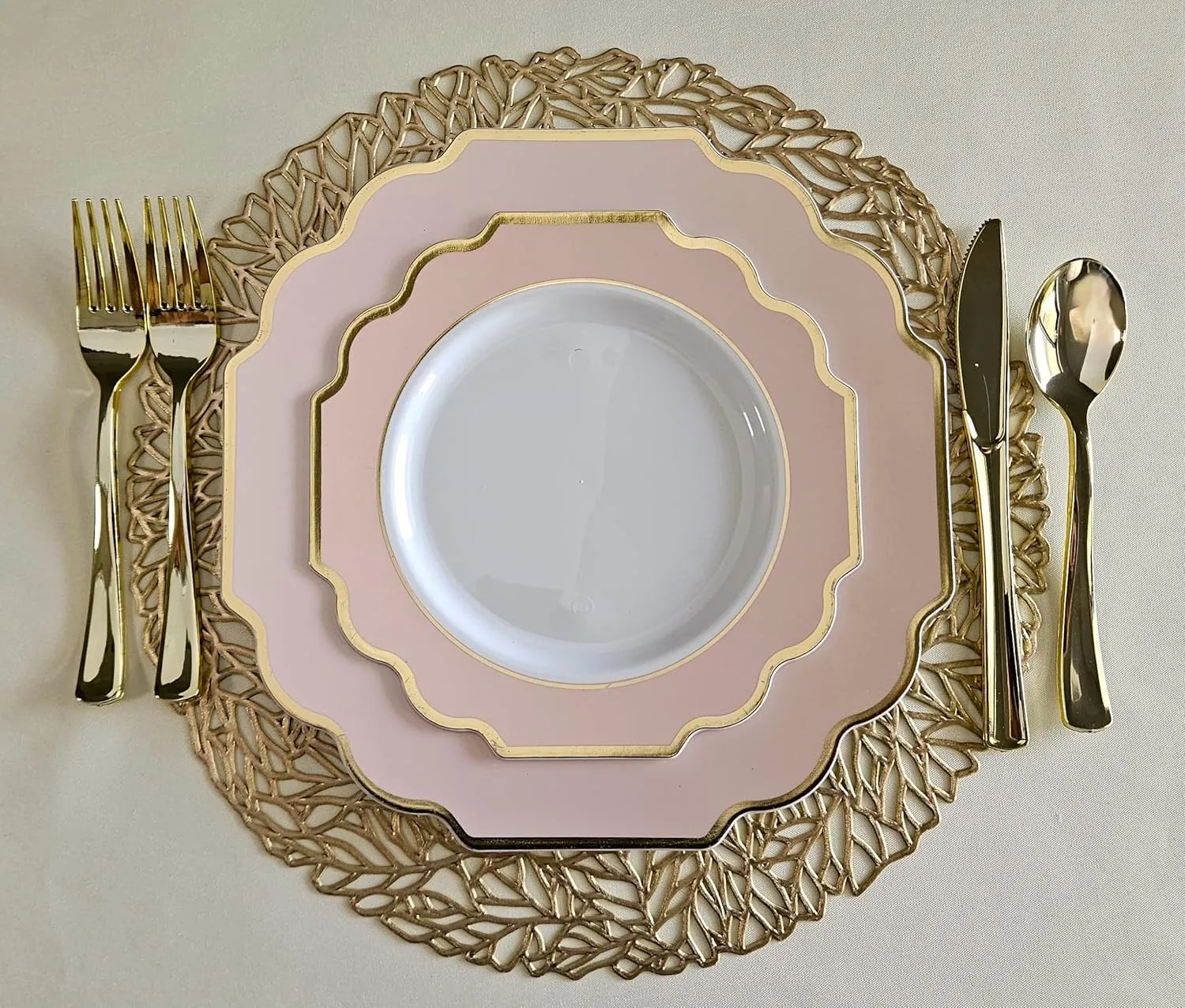 " OCCASIONS " 240 Plates Pack (120 Guests) Heavyweight Wedding Party Disposable Plastic Plates Set -120 x 10.5'' Dinner   120 x 8'' Salad/Dessert Plate (Imperial in Blush & Gold)