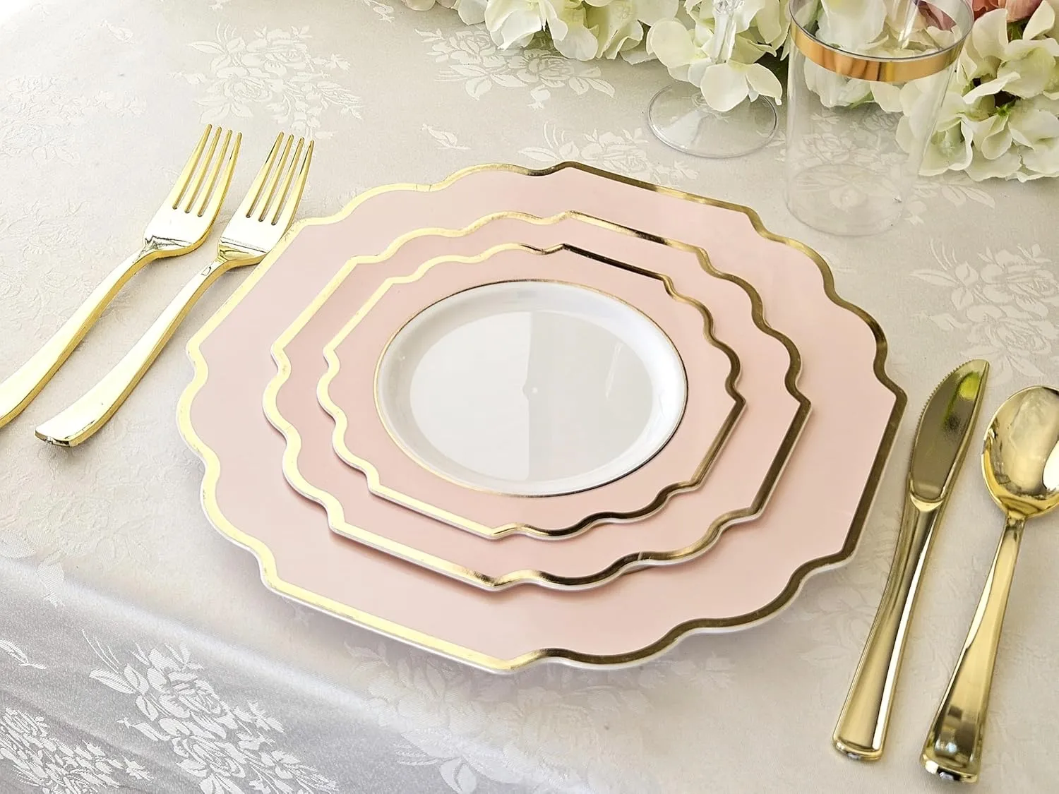 " OCCASIONS " 240 Plates Pack (120 Guests) Heavyweight Wedding Party Disposable Plastic Plates Set -120 x 10.5'' Dinner   120 x 8'' Salad/Dessert Plate (Imperial in Blush & Gold)