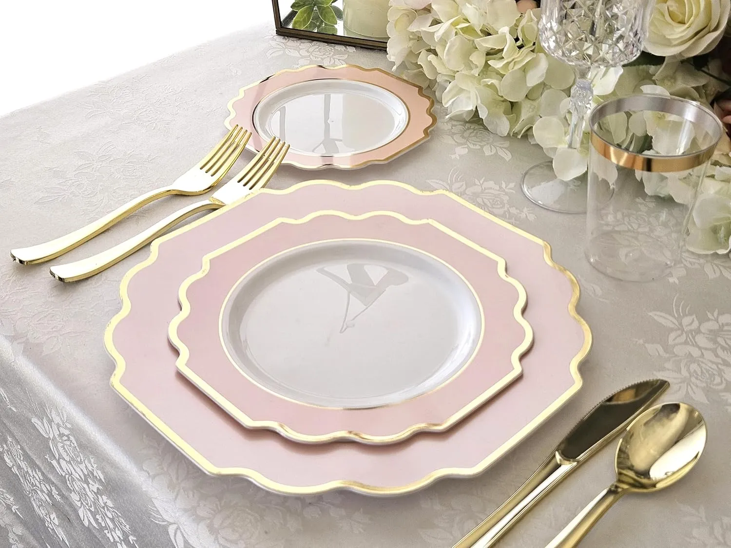 " OCCASIONS " 240 Plates Pack (120 Guests) Heavyweight Wedding Party Disposable Plastic Plates Set -120 x 10.5'' Dinner   120 x 8'' Salad/Dessert Plate (Imperial in Blush & Gold)