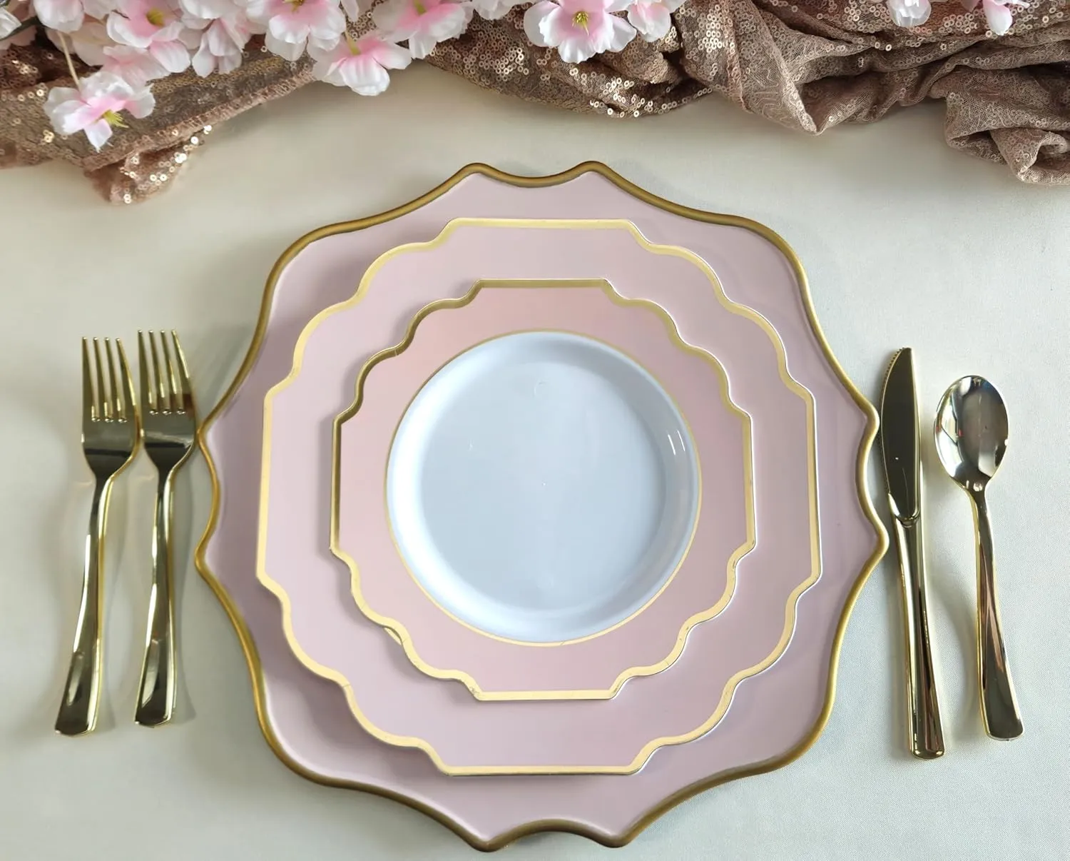 " OCCASIONS " 240 Plates Pack (120 Guests) Heavyweight Wedding Party Disposable Plastic Plates Set -120 x 10.5'' Dinner   120 x 8'' Salad/Dessert Plate (Imperial in Blush & Gold)