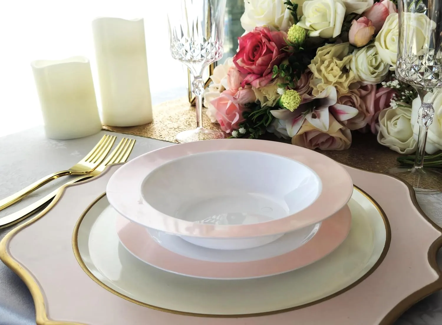 " OCCASIONS " 50 Plates Pack (25 Guests)-Wedding Party Disposable Plastic Plate Set -25x10.5'' Dinner   25x7.5'' Salad/dessert plates (Rio in White & Pearled Pink Blush)