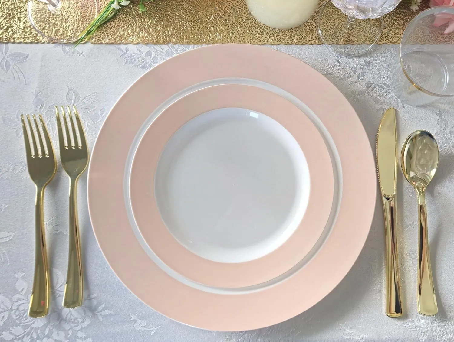 " OCCASIONS " 50 Plates Pack (25 Guests)-Wedding Party Disposable Plastic Plate Set -25x10.5'' Dinner   25x7.5'' Salad/dessert plates (Rio in White & Pearled Pink Blush)