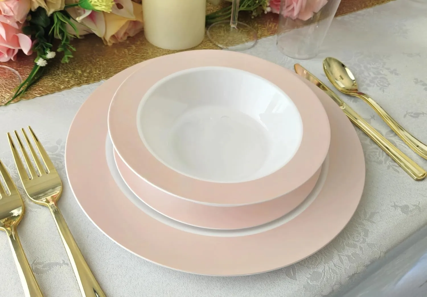 " OCCASIONS " 50 Plates Pack (25 Guests)-Wedding Party Disposable Plastic Plate Set -25x10.5'' Dinner   25x7.5'' Salad/dessert plates (Rio in White & Pearled Pink Blush)