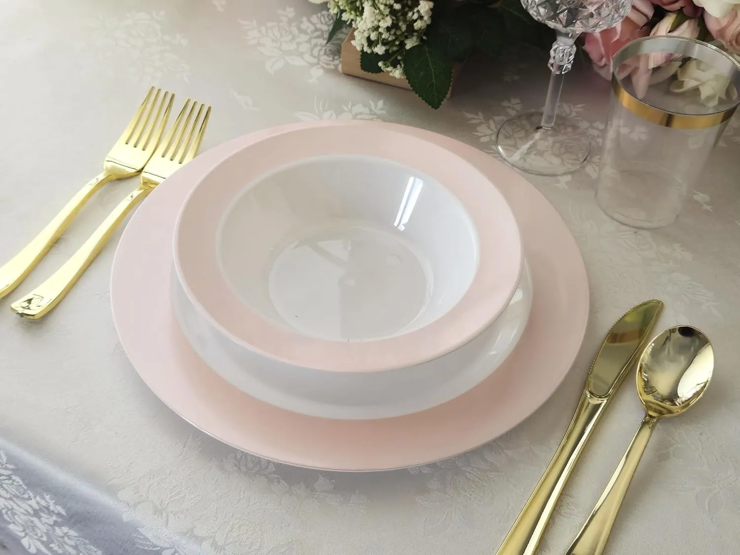 " OCCASIONS " 50 Plates Pack (25 Guests)-Wedding Party Disposable Plastic Plate Set -25x10.5'' Dinner   25x7.5'' Salad/dessert plates (Rio in White & Pearled Pink Blush)