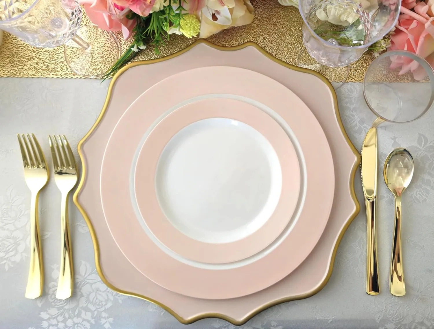 " OCCASIONS " 50 Plates Pack (25 Guests)-Wedding Party Disposable Plastic Plate Set -25x10.5'' Dinner   25x7.5'' Salad/dessert plates (Rio in White & Pearled Pink Blush)