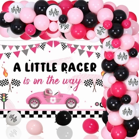 Race Car Baby Shower Decorations A Little Racer is On The Way Backdrop Pink Black Balloon Garland Arch Kit Vintage Racing Car Backdrop Checkered Flag Balloons for Girls Baby Shower Birthday Party