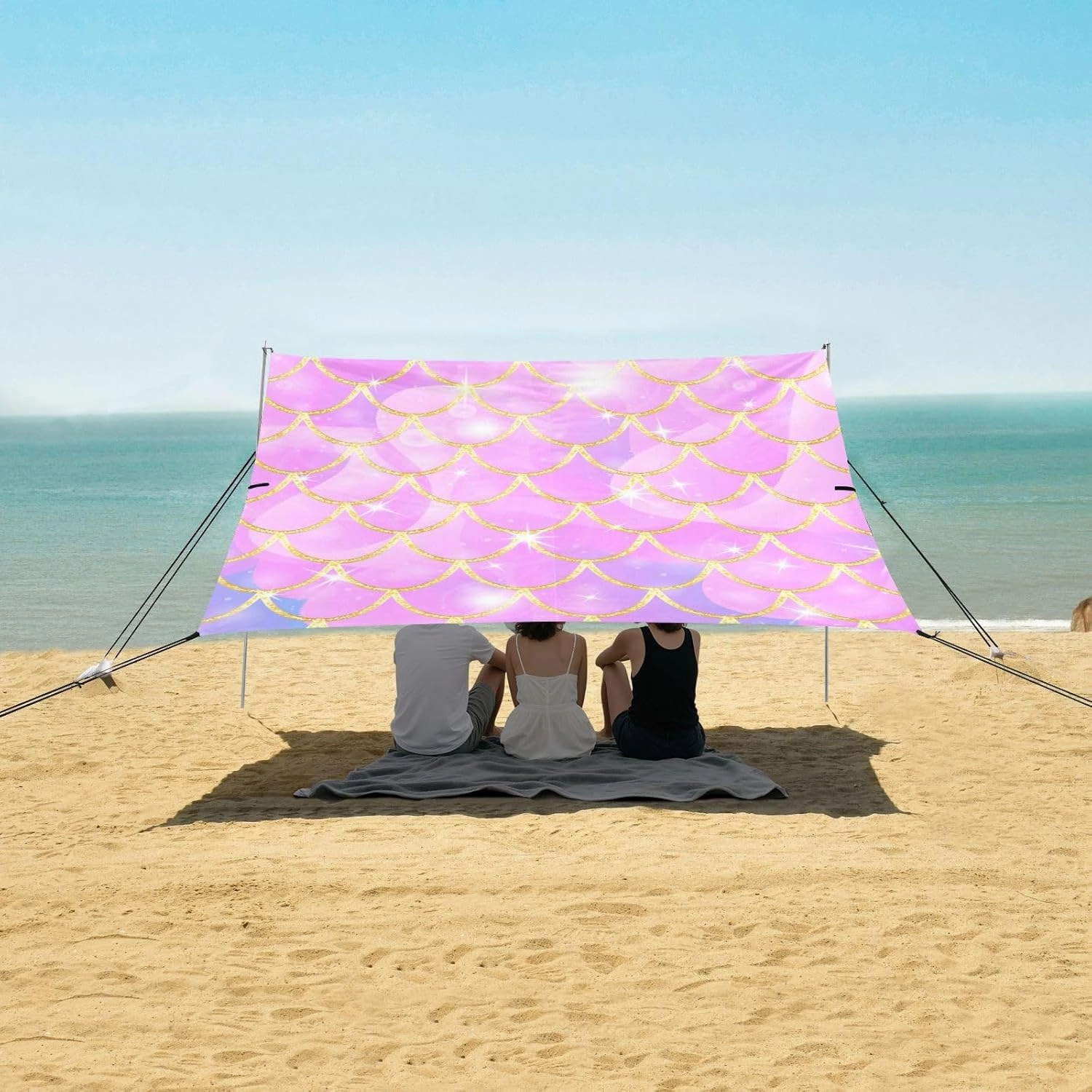 Rainbow Pink Scales Beach Canopy Tent Anti-UV & Wind Resistant, Mermaid Sparkles Glitter Camping Sun Shelter Easy Setup Portable,Outdoor Shade Tents with Sandbags,Sand Shovels,Ground Pegs & Stab