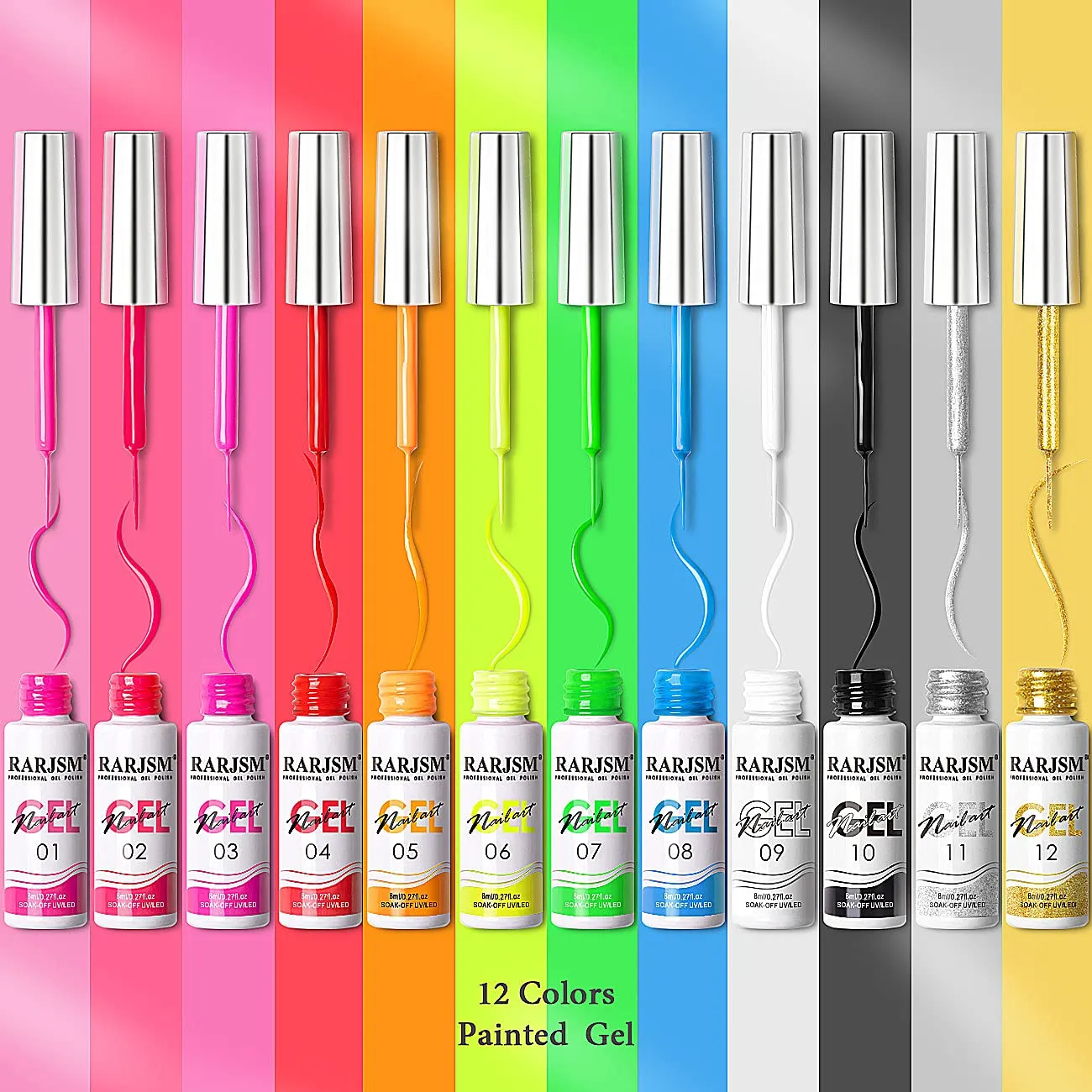 RARJSM Painted Gel Nail Polish Set, Line Art Gel 12 Colors Neon Pink Yellow Green Glitter Silver Gold Nail Art Painting Manicure Tools DIY Drawing NailGel for Line U V L E D Required