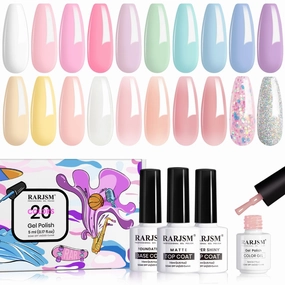 RARJSM Pastel Gel Nail Polish Set 23 PCS Netural Summer Nude Color White Pink Yellow Green Blue Silver Glitter Nail Polish Kit 5ml Each Bottle UV LED Curing Need for French Manicure Nail Art