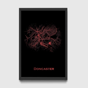 Ready to Hang in A4 Frame - Doncaster, England, United Kingdom (UK) Original Map Design Red Splatter - Art Print Poster Photo Gift