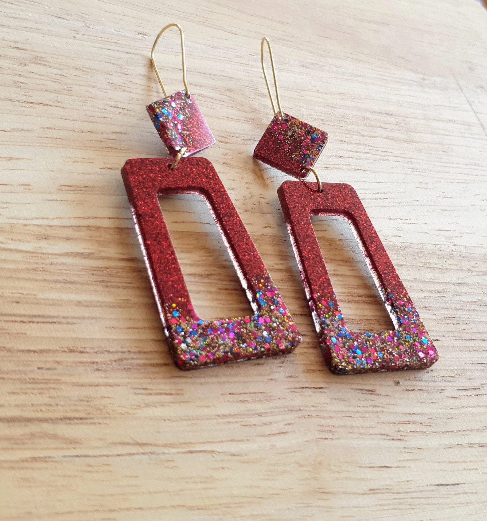 Rectangle Long Dangle Latchback Earwire Earrings, Red Lipstick with Blue Gold Red Shimmer Resin Dangles, Stainless Steel, Statement Earrings