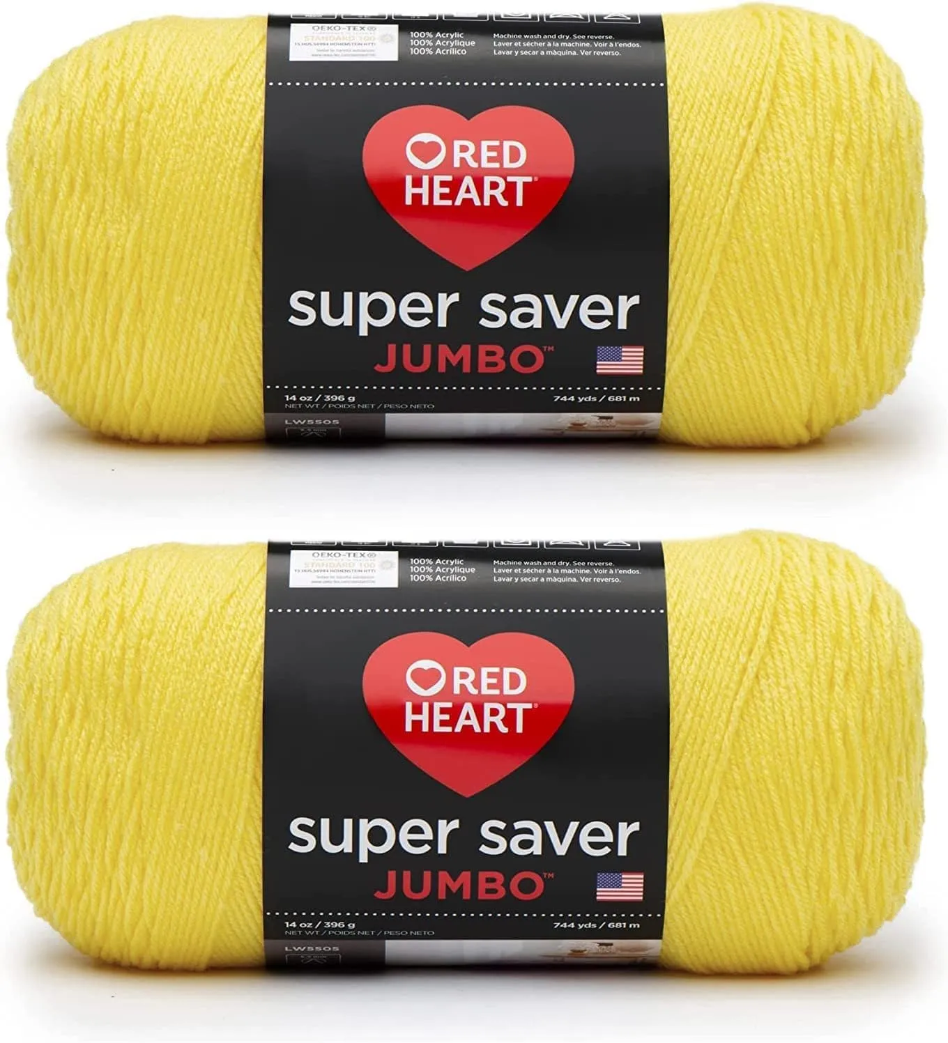 Red Heart Super Saver Jumbo Bright Yellow Yarn - 2 Pack of 396g/14oz - Acrylic - 4 Medium (Worsted) - 744 Yards - Knitting/Crochet