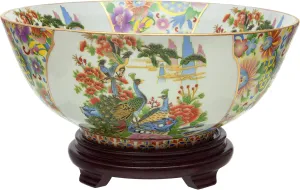 Red Lantern 14" Porcelain Bowl, Satsuma Birds & Flowers