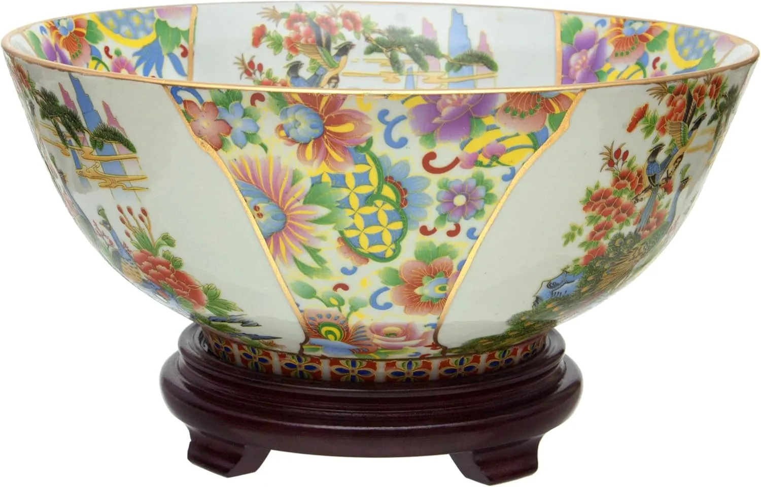 Red Lantern 14" Porcelain Bowl, Satsuma Birds & Flowers