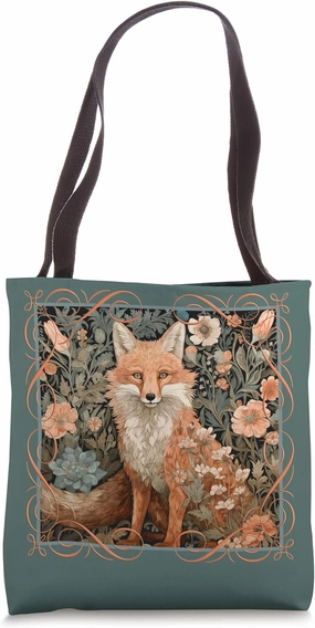 Red Fox in a William Morris Style Garden Tote Bag