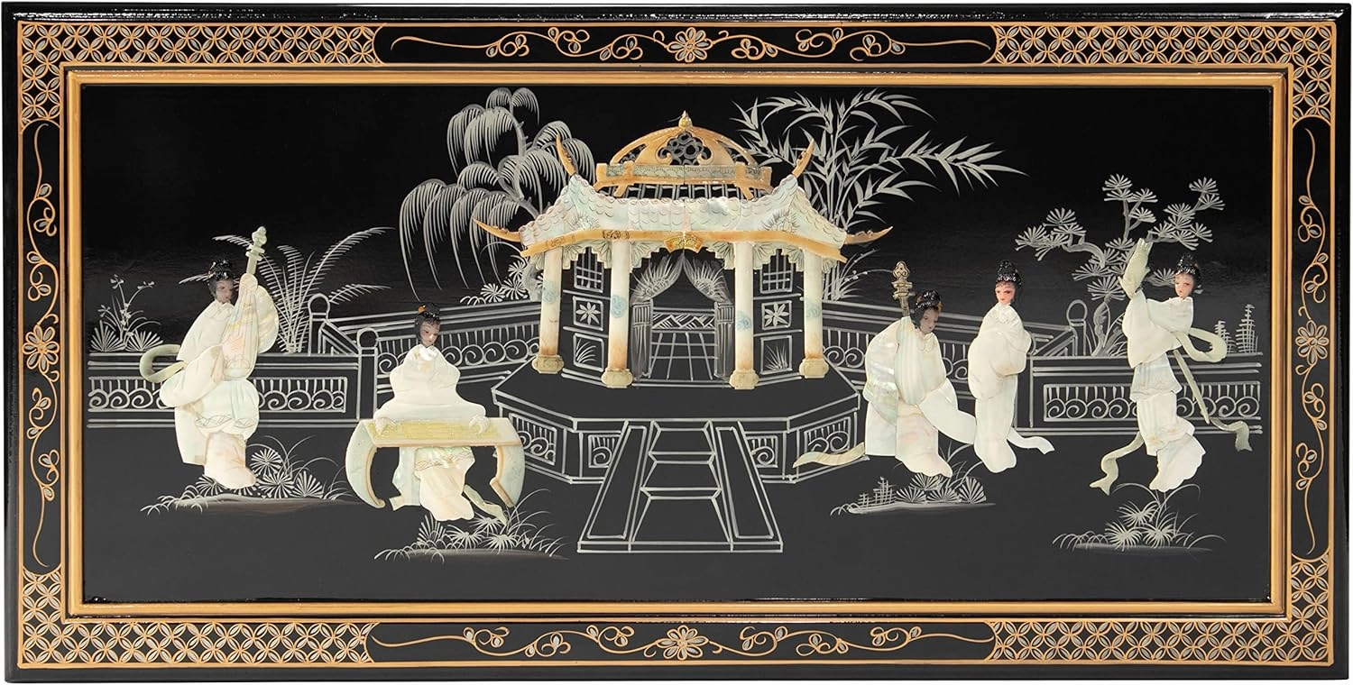 Red Lantern Artisan Crafted Lacquer Coffee Table - Black with Mother of Pearl Royal Court