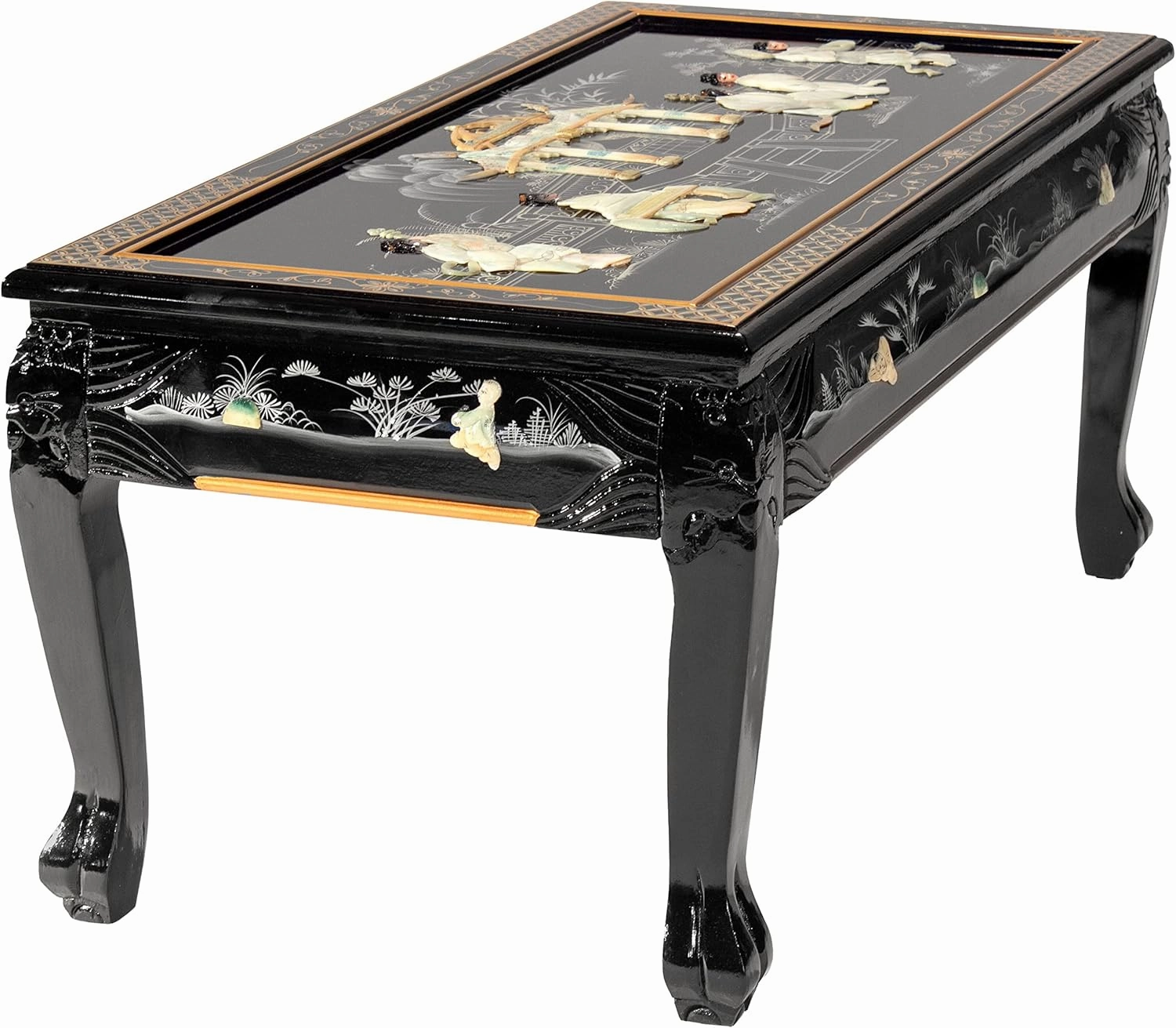 Red Lantern Artisan Crafted Lacquer Coffee Table - Black with Mother of Pearl Royal Court