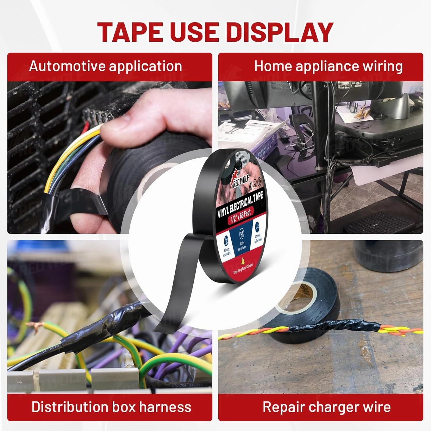 RED WOLF 1" x 66Ft 10 Roll Vinyl Electrical Tape, UL CSA Listed PVC Electric Tape 7 Mil Thick Flame Retardant Strong Rubber Based Adhesive Tape Rated 600V for Electrical Automotive Application
