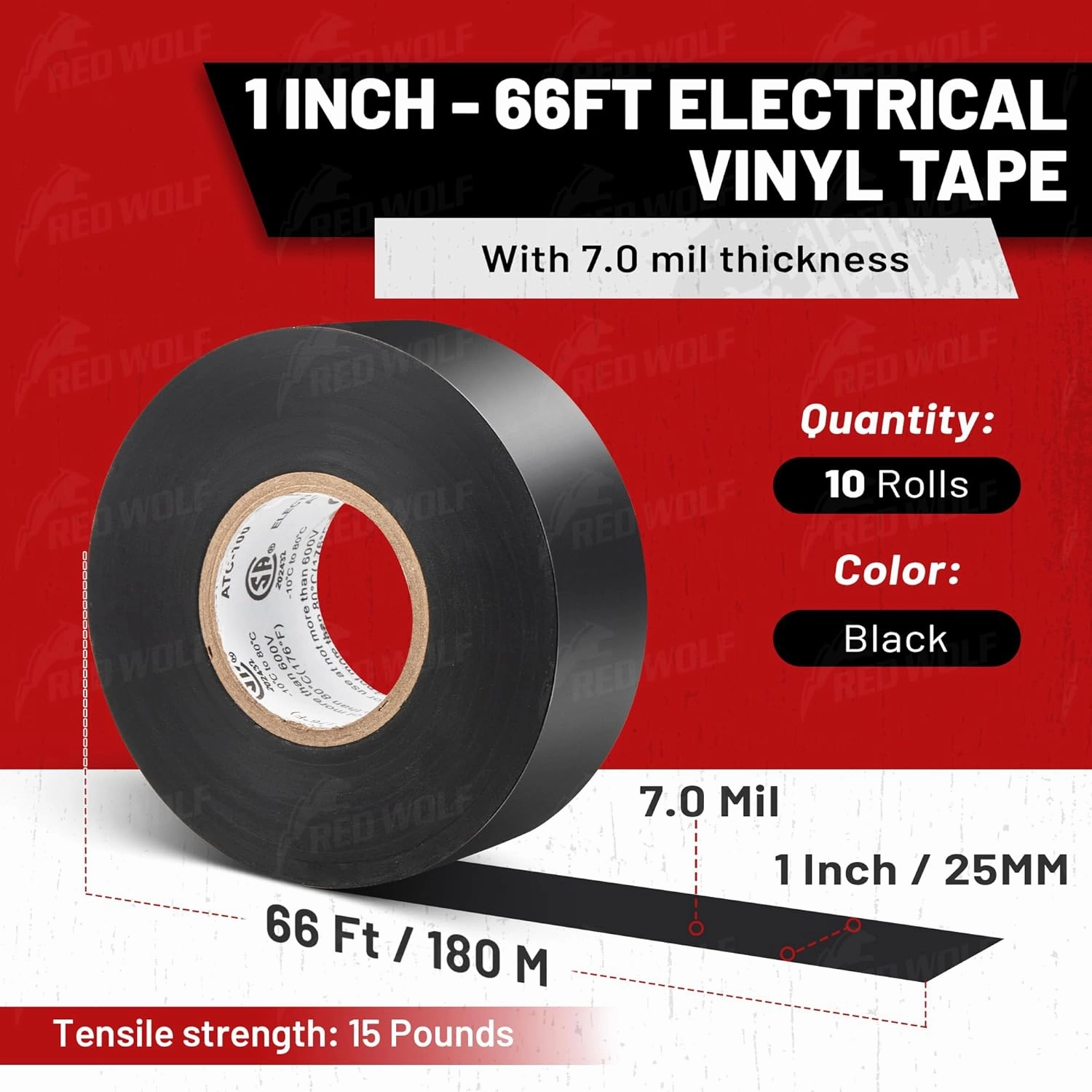 RED WOLF 1" x 66Ft 10 Roll Vinyl Electrical Tape, UL CSA Listed PVC Electric Tape 7 Mil Thick Flame Retardant Strong Rubber Based Adhesive Tape Rated 600V for Electrical Automotive Application
