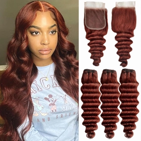 Reddish Brown Bundles With Closure(14 16 18 14),10A Brazilian Red Brwon Loose Deep Human Hair 3 Bundles with 4x4 Lace Closure