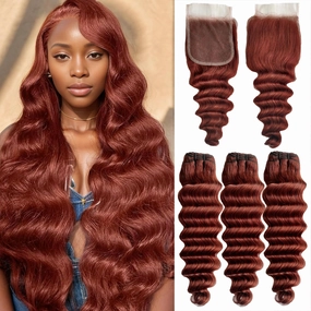 Reddish Brown Bundles with Closure(20 22 24 20),10A Brazilian Loose Deep 3 Bundles with 4x4 Lace Closure with Bundles Human Hair Auburn