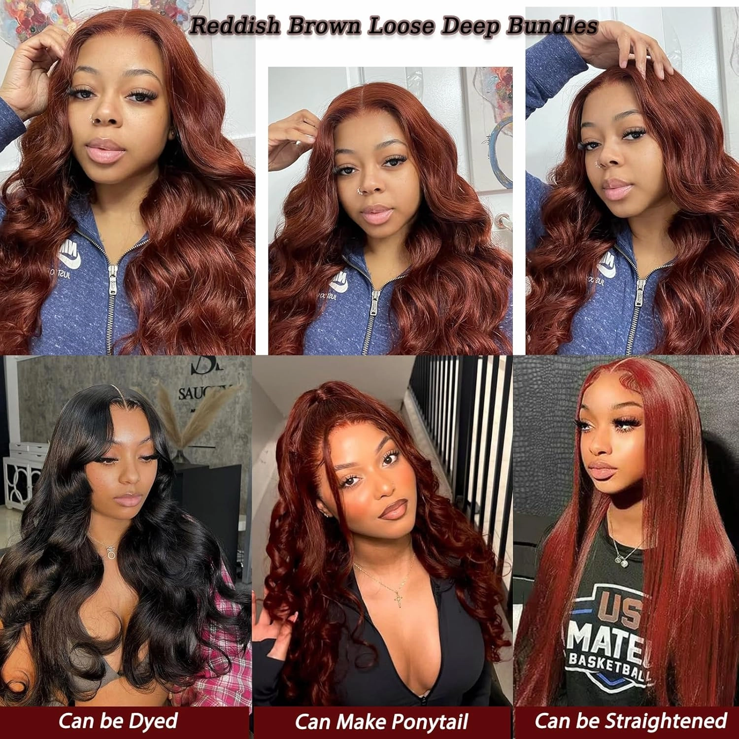 Reddish Brown Bundles with Closure(20 22 24 20),10A Brazilian Loose Deep 3 Bundles with 4x4 Lace Closure with Bundles Human Hair Auburn
