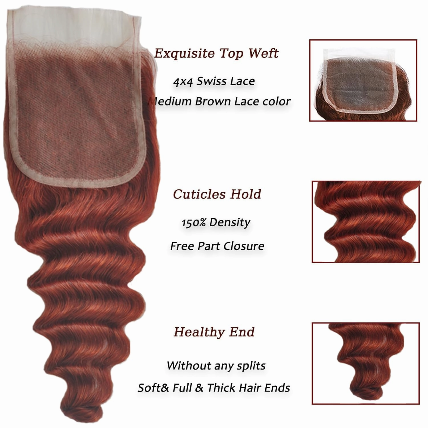 Reddish Brown Bundles with Closure(20 22 24 20),10A Brazilian Loose Deep 3 Bundles with 4x4 Lace Closure with Bundles Human Hair Auburn