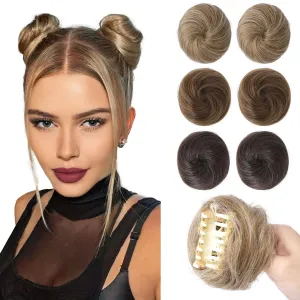 REECHO Space Bun Hair Pieces, 2 PCS Mini Claw Clip in Messy & Cat Ears Fake Hair Bun Extensions HB001 Wig Accessory Updo Hairpieces for Women Girls (Pack of 2-3" Straight, Dark Blonde)