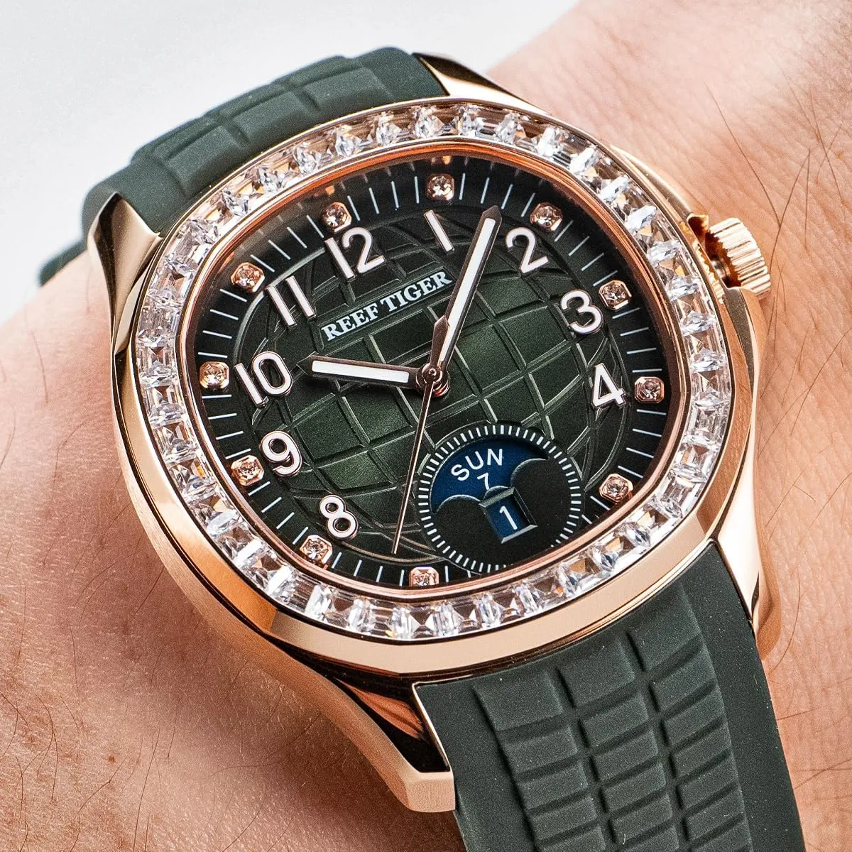 REEF TIGER Luxury Rose Gold Diamonds Square Blue Dial Automatic Watch for Men Multi-Functional Luminous Rubber Band Sport Watches RGA1805