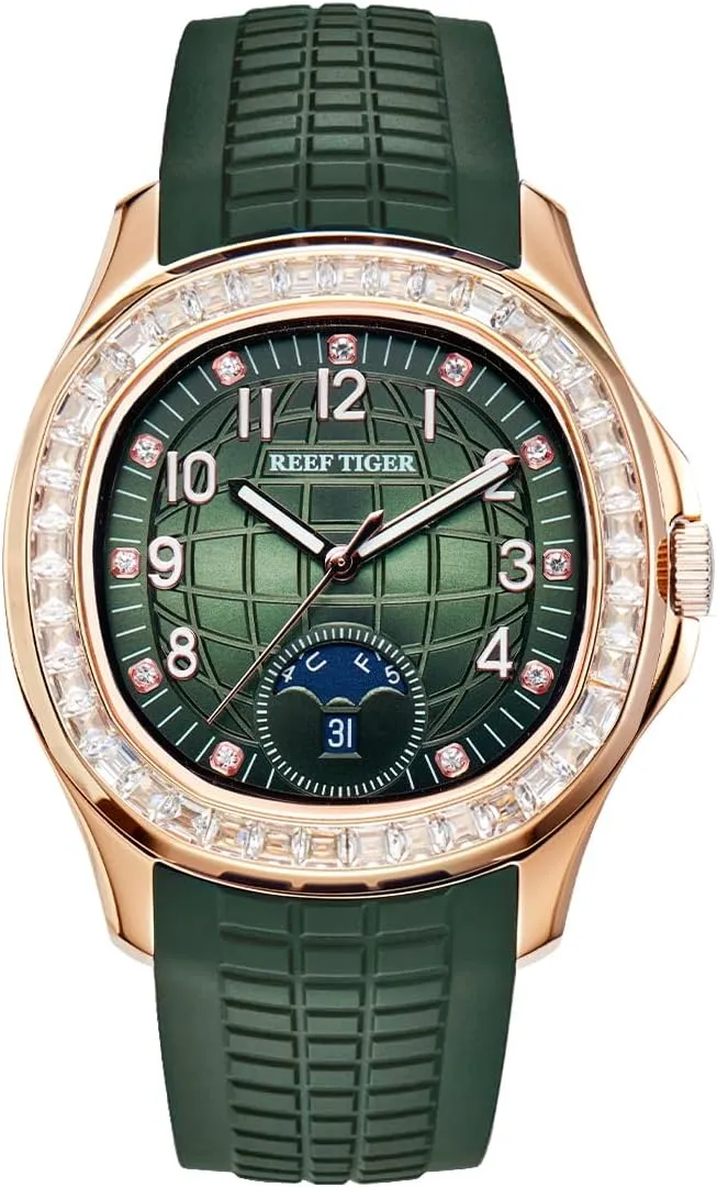 REEF TIGER Luxury Rose Gold Diamonds Square Blue Dial Automatic Watch for Men Multi-Functional Luminous Rubber Band Sport Watches RGA1805