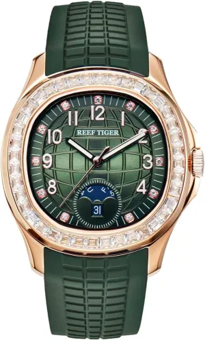 REEF TIGER Luxury Rose Gold Diamonds Square Blue Dial Automatic Watch for Men Multi-Functional Luminous Rubber Band Sport Watches RGA1805