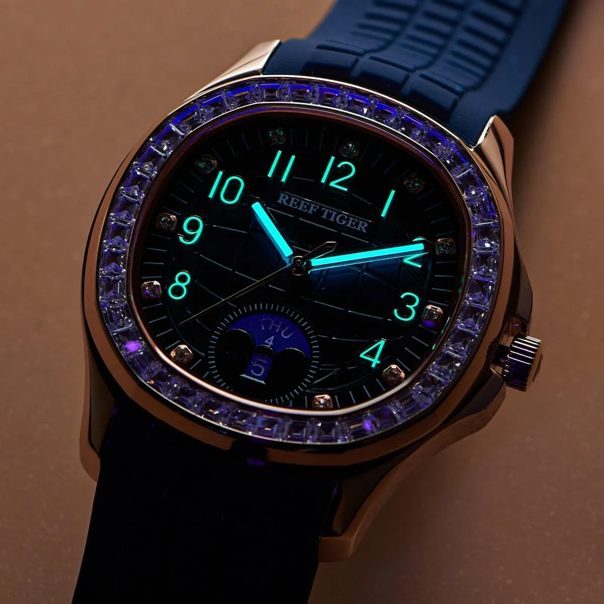 REEF TIGER Luxury Rose Gold Diamonds Square Blue Dial Automatic Watch for Men Multi-Functional Luminous Rubber Band Sport Watches RGA1805
