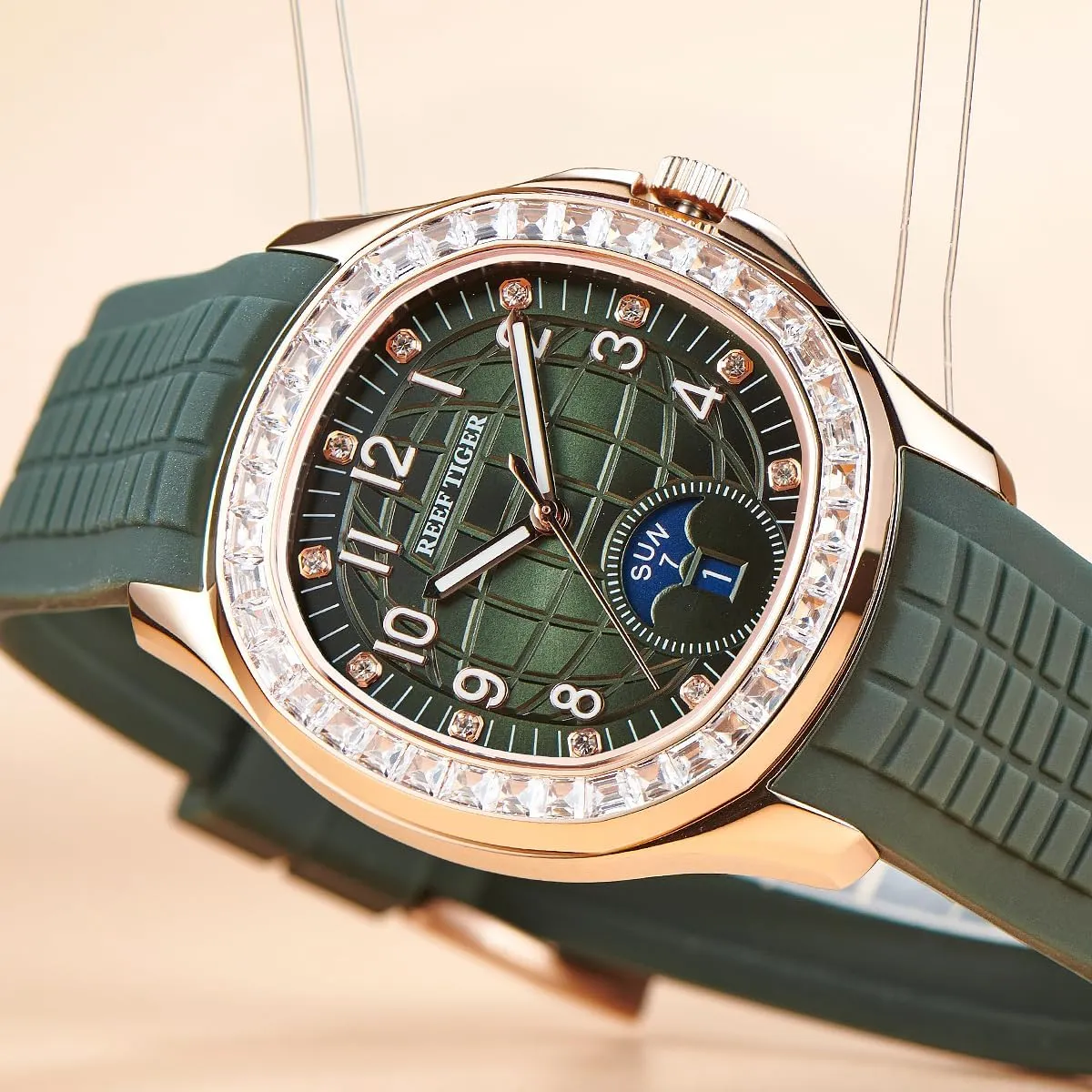 REEF TIGER Luxury Rose Gold Diamonds Square Blue Dial Automatic Watch for Men Multi-Functional Luminous Rubber Band Sport Watches RGA1805