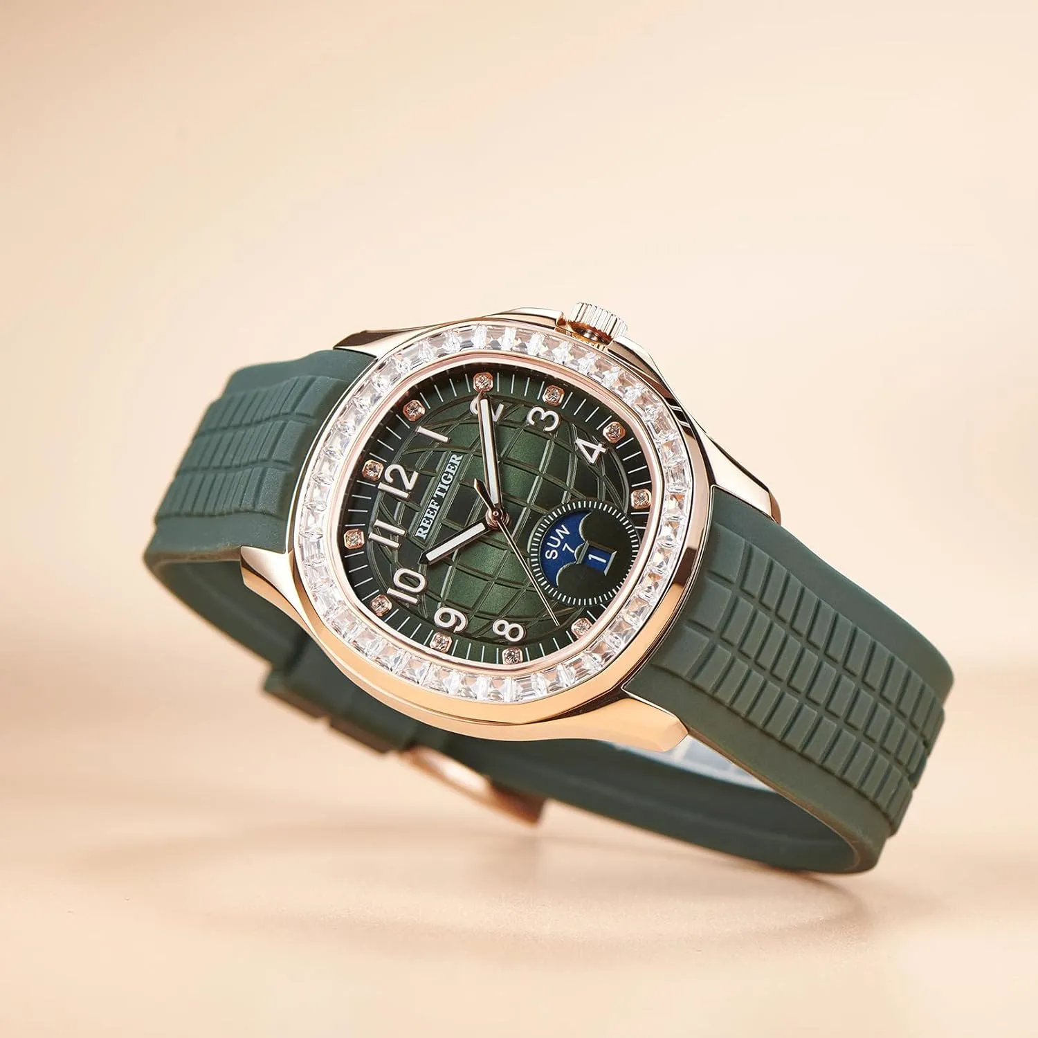 REEF TIGER Luxury Rose Gold Diamonds Square Blue Dial Automatic Watch for Men Multi-Functional Luminous Rubber Band Sport Watches RGA1805