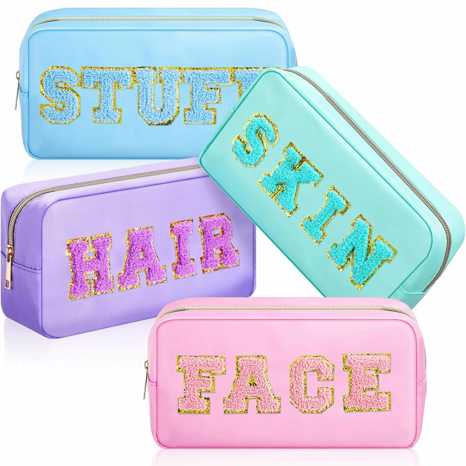Remerry 4 Pcs Travel Toiletry Bags for Women Nylon Makeup Bag Organizer Cosmetic Chenille Letter Pouch Zipper Preppy Waterproof Hair Pouch Christmas Gift(Light Blue, Green, Purple, Pink)