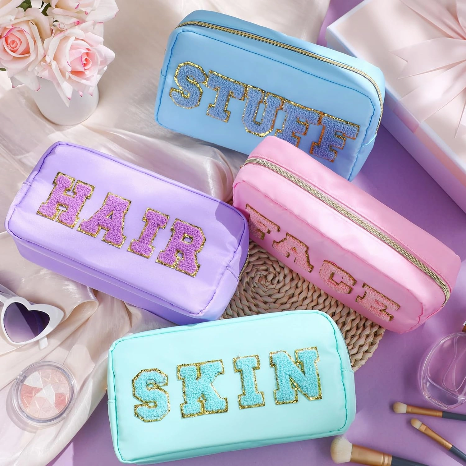 Remerry 4 Pcs Travel Toiletry Bags for Women Nylon Makeup Bag Organizer Cosmetic Chenille Letter Pouch Zipper Preppy Waterproof Hair Pouch Christmas Gift(Light Blue, Green, Purple, Pink)