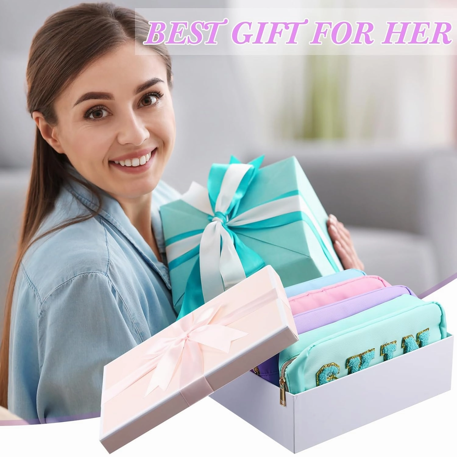 Remerry 4 Pcs Travel Toiletry Bags for Women Nylon Makeup Bag Organizer Cosmetic Chenille Letter Pouch Zipper Preppy Waterproof Hair Pouch Christmas Gift(Light Blue, Green, Purple, Pink)